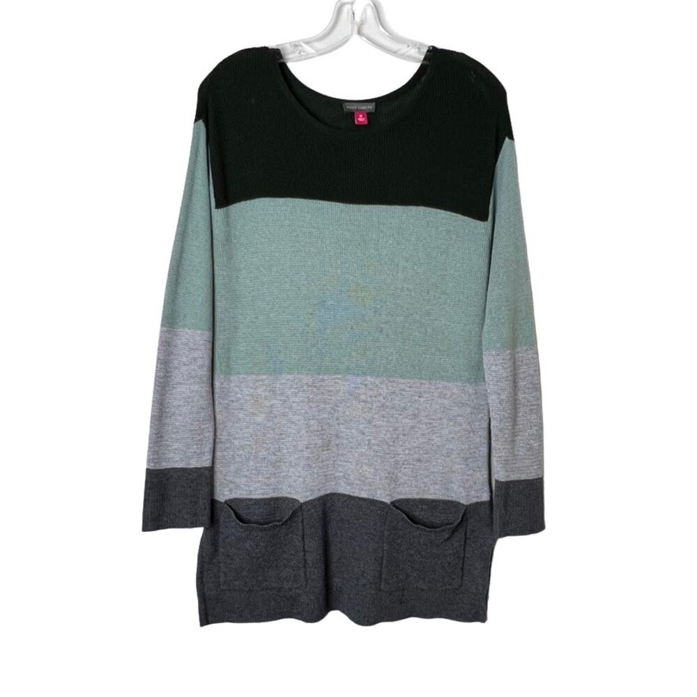 Vince Camuto Long Sleeve Striped Colorblocked Tunic Sweater Green Gray XS